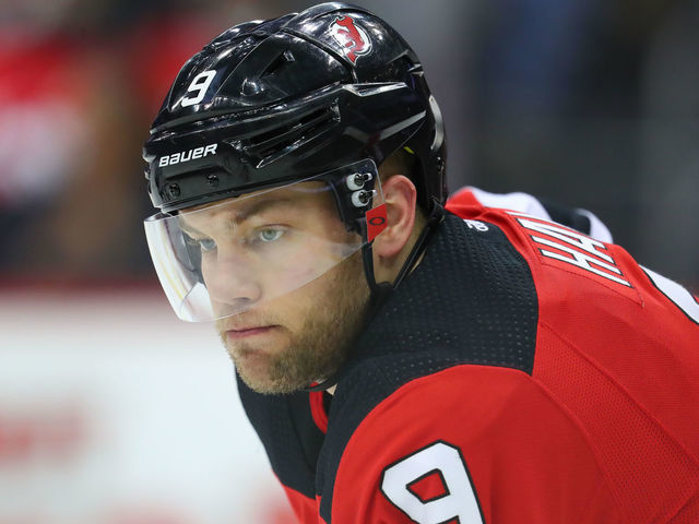 NEWARK, NJ - DECEMBER 06: New Jersey Devils left wing Taylor Hall (9) during the second period of the National Hockey League game between the New Jersey Devils nd the Chicago Blackhawks on December 6, 2019 at the Prudential Center in Newark, NJ.