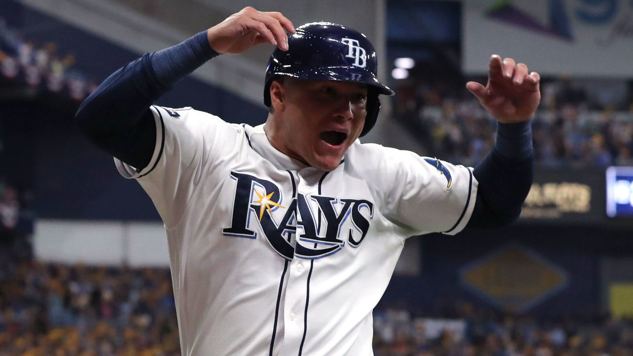 ST. PETERSBURG, FL - OCTOBER 08: Avisail Garcia #24 of the Tampa Bay Rays celebrates after scoring during the first inning of Game 4 of the ALDS between the Houston Astros and the Tampa Bay Rays at Tropicana Field on Tuesday, October 8, 2019 in St. Petersburg, Florida.