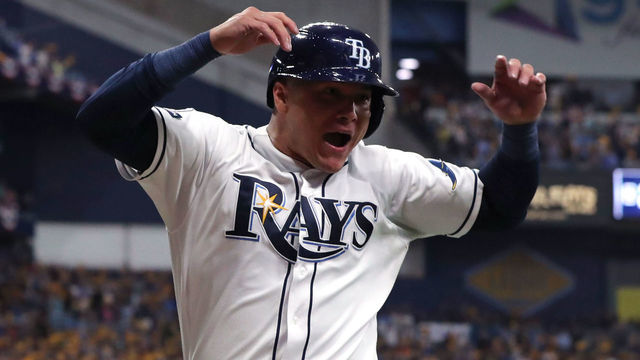 ST. PETERSBURG, FL - OCTOBER 08: Avisail Garcia #24 of the Tampa Bay Rays celebrates after scoring during the first inning of Game 4 of the ALDS between the Houston Astros and the Tampa Bay Rays at Tropicana Field on Tuesday, October 8, 2019 in St. Petersburg, Florida.