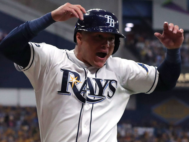 ST. PETERSBURG, FL - OCTOBER 08: Avisail Garcia #24 of the Tampa Bay Rays celebrates after scoring during the first inning of Game 4 of the ALDS between the Houston Astros and the Tampa Bay Rays at Tropicana Field on Tuesday, October 8, 2019 in St. Petersburg, Florida.