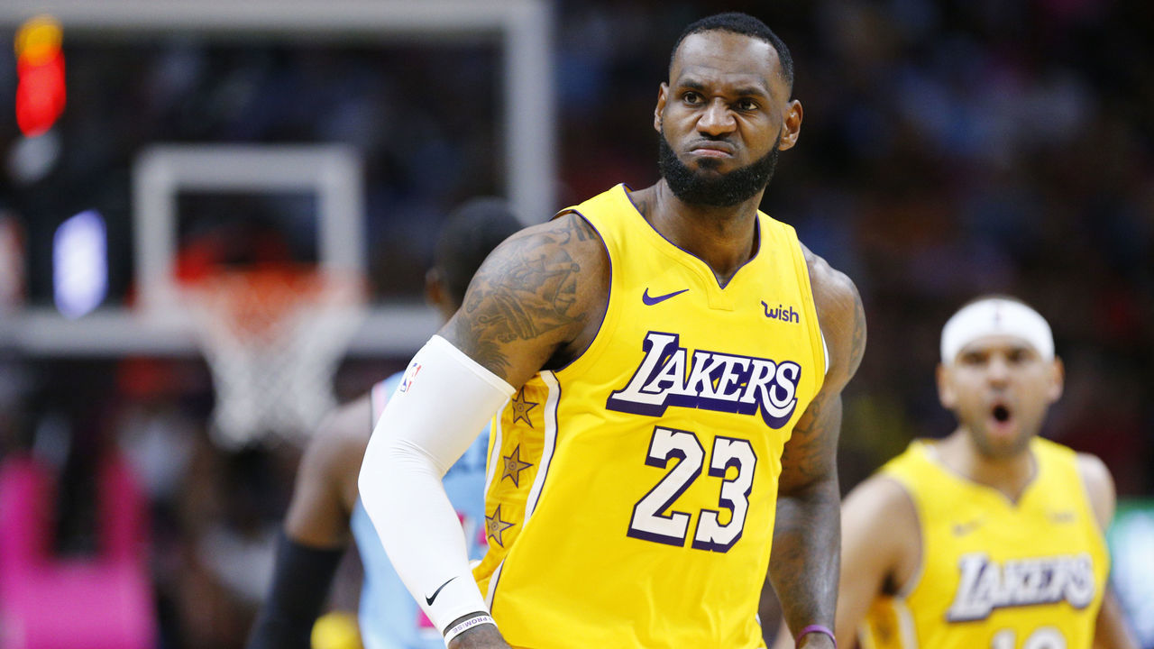 MIAMI, FLORIDA - DECEMBER 13: LeBron James #23 of the Los Angeles Lakers reacts after a three pointer against the Miami Heat during the second half at American Airlines Arena on December 13, 2019 in Miami, Florida. NOTE TO USER: User expressly acknowledges and agrees that, by downloading and/or using this photograph, user is consenting to the terms and conditions of the Getty Images License Agreement
