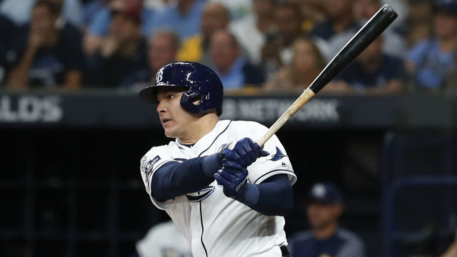 ST. PETERSBURG, FL - OCTOBER 08: Tampa Bay Rays right fielder Avisail Garcia (24) at bat during Game 4 of the ALDS between the Houston Astros and Tampa Bay Rays on October 8, 2019 at Tropicana Field in St. Petersburg, FL.