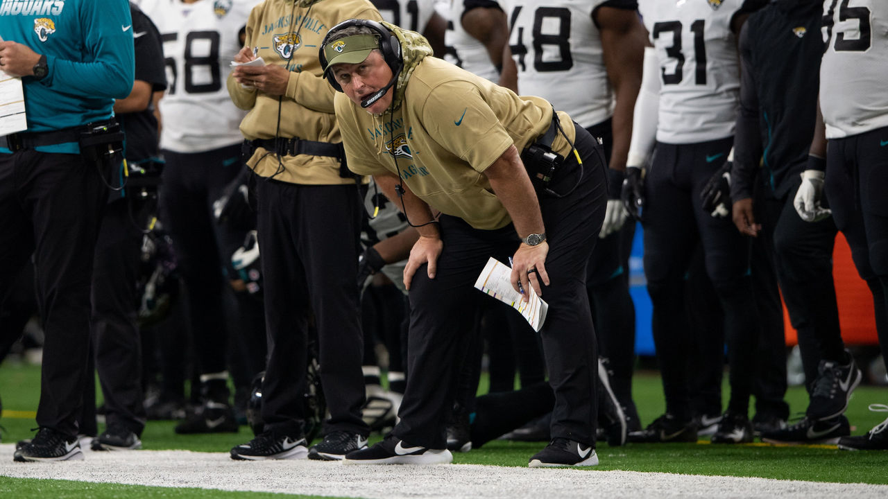 INDIANAPOLIS, IN - NOVEMBER 17: Jacksonville Jaguars head coach Doug Marrone on the sidelines during the NFL game between the Jacksonville Jaguars and the Indianapolis Colts on November 17, 2019 at Lucas Oil Stadium, in Indianapolis, IN.