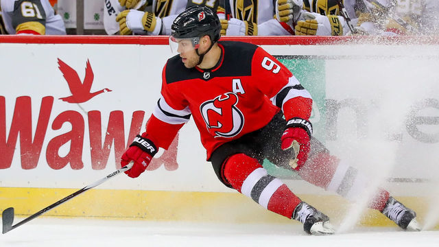 NEWARK, NJ - DECEMBER 03: New Jersey Devils left wing Taylor Hall (9) skates during the National Hockey League game between the New Jersey Devils and the Vegas Golden Knights on December 3, 2019 at the Prudential Center in Newark, NJ.