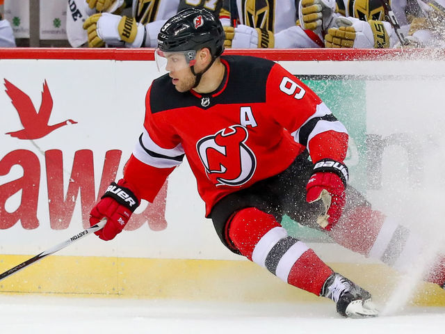 NEWARK, NJ - DECEMBER 03: New Jersey Devils left wing Taylor Hall (9) skates during the National Hockey League game between the New Jersey Devils and the Vegas Golden Knights on December 3, 2019 at the Prudential Center in Newark, NJ.