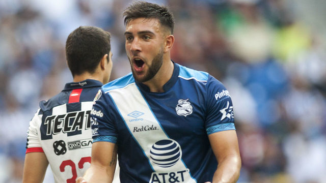 Pueblas Lucas Cavallini celebrates after scoring against Monterrey during a Mexican Apertura 2019 tournament football match at the BBVA Bancomer stadium in Monterrey, Mexico, on September 21, 2019.