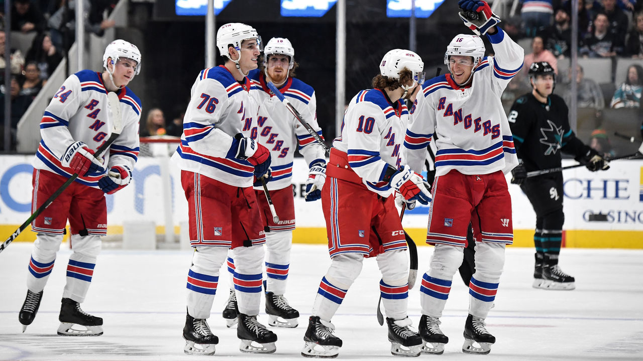 SAN JOSE, CA - DECEMBER 12: Artemi Panarin #10 of the New York Rangers celebrates scoring a hat trick against the San Jose Sharks at SAP Center on December 12, 2019 in San Jose, California.