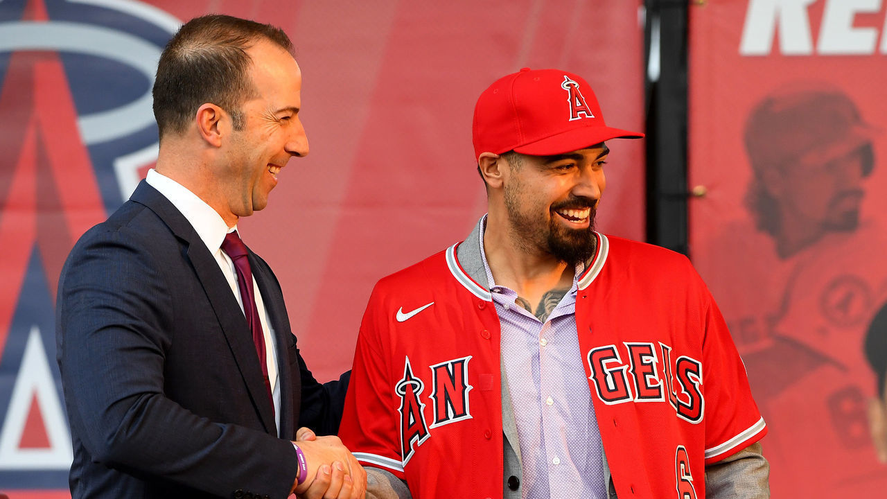 ANAHEIM, CA - DECEMBER 14: Los Angeles Angels owner Arte Moreno and general manager Billy Eppler look on as All-Star infielder Anthony Rendon #6 is presented his jersey during a press conference at Angel Stadium of Anaheim on December 14, 2019 in Anaheim, California.