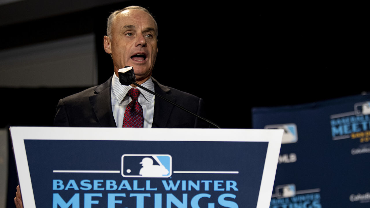 BOSTON, MA - DECEMBER 10: Major League Baseball Commissioner Rob Manfred speaks during the 2019 Major League Baseball Winter Meetings on December 10, 2019 in San Diego, California.