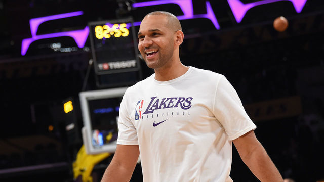 LOS ANGELES, CA - NOVEMBER 13: Jared Dudley #10 of the Los Angeles Lakers smiles before the game against the Golden State Warriors on November 13, 2019 at STAPLES Center in Los Angeles, California. NOTE TO USER: User expressly acknowledges and agrees that, by downloading and/or using this Photograph, user is consenting to the terms and conditions of the Getty Images License Agreement. Mandatory Copyright Notice: Copyright 2019 NBAE