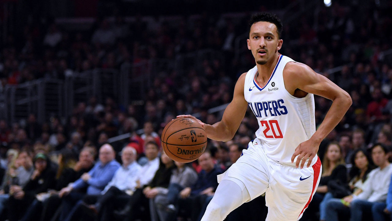 LOS ANGELES, CALIFORNIA - NOVEMBER 11: Landry Shamet #20 of the LA Clippers dribbles during a 98-88 Clippers win over the Toronto Raptors at Staples Center on November 11, 2019 in Los Angeles, California. NOTE TO USER: User expressly acknowledges and agrees that, by downloading and/or using this photograph, user is consenting to the terms and conditions of the Getty Images License Agreement.
