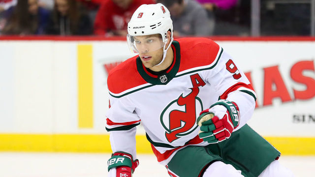 NEWARK, NJ - NOVEMBER 30: New Jersey Devils left wing Taylor Hall (9) skates during the National Hockey League game between the New Jersey Devils and the New York Rangers on November 30, 2019 at the Prudential Center in Newark, NJ.