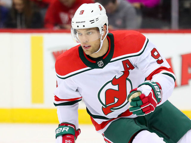 NEWARK, NJ - NOVEMBER 30: New Jersey Devils left wing Taylor Hall (9) skates during the National Hockey League game between the New Jersey Devils and the New York Rangers on November 30, 2019 at the Prudential Center in Newark, NJ.