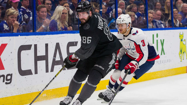 TAMPA, FL - MARCH 30: Nikita Kucherov #86 of the Tampa Bay Lightning skates against the Washington Capitals at Amalie Arena on March 30, 2019 in Tampa, Florida. "n"n