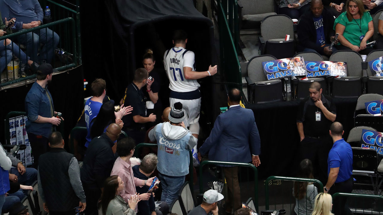 DALLAS, TEXAS - DECEMBER 14: Luka Doncic #77 of the Dallas Mavericks leaves the game in the first half against the Miami Heat at American Airlines Center on December 14, 2019 in Dallas, Texas.