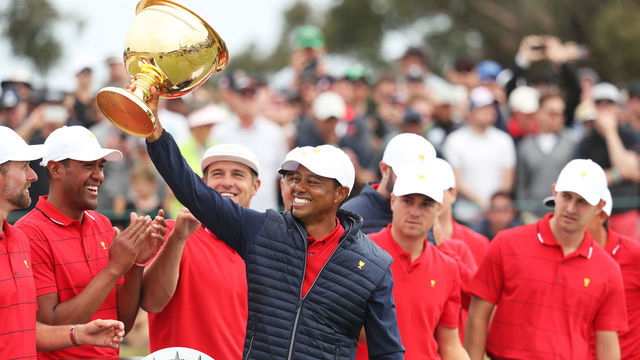 MELBOURNE, AUSTRALIA - DECEMBER 15: Playing Captain Tiger Woods and the United States team celebrate with the cup after they defeated the International team 16-14 during Sunday Singles matches on day four of the 2019 Presidents Cup at Royal Melbourne Golf Course on December 15, 2019 in Melbourne, Australia.