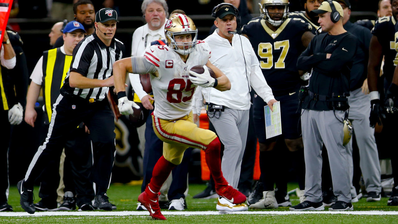 NEW ORLEANS, LA - DECEMBER 8: George Kittle #85 of the San Francisco 49ers runs after making a reception during the game against the New Orleans Saints at the Mercedes-Benz Superdome on December 8, 2019 in New Orleans, Louisiana. The 49ers defeated the Saints 48-46.