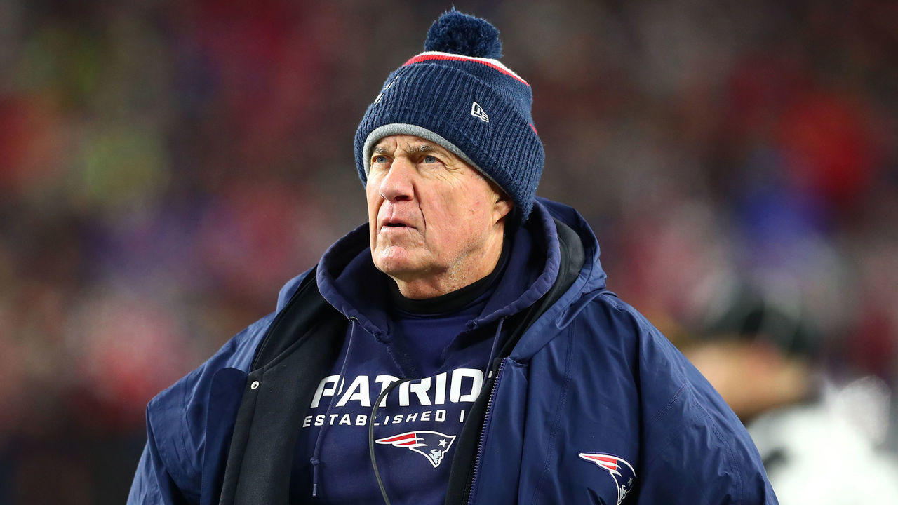 FOXBOROUGH, MASSACHUSETTS - DECEMBER 08: Head coach Bill Belichick of the New England Patriots looks on against the Kansas City Chiefs in the game at Gillette Stadium on December 08, 2019 in Foxborough, Massachusetts.