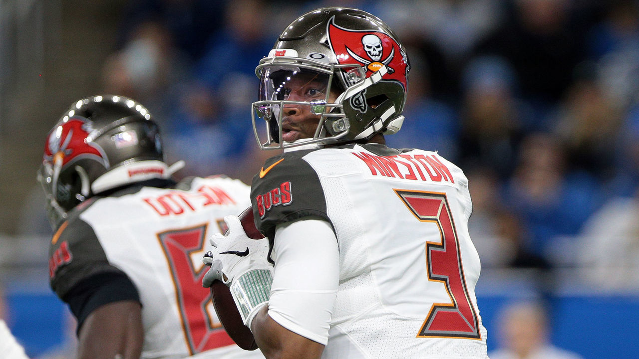 Tampa Bay Buccaneers quarterback Jameis Winston (3) looks to pass during the first half of an NFL football game against the Detroit Lions in Detroit, Michigan USA, on Sunday, December 15, 2019