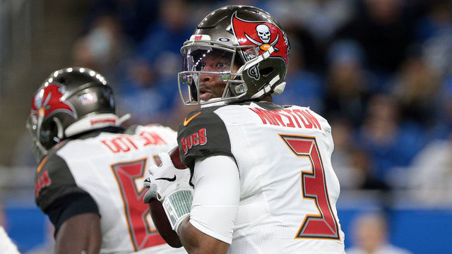 Tampa Bay Buccaneers quarterback Jameis Winston (3) looks to pass during the first half of an NFL football game against the Detroit Lions in Detroit, Michigan USA, on Sunday, December 15, 2019
