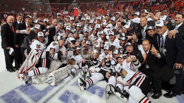 PHILADELPHIA - JUNE 09: The Chicago Blackhawks pose for a team photo after defeating the Philadelphia Flyers 4-3 in overtime and win the Stanley Cup in Game Six of the 2010 NHL Stanley Cup Final at the Wachovia Center on June 9, 2010 in Philadelphia, Pennsylvania.