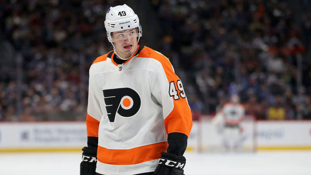 DENVER, COLORADO - DECEMBER 11: Joel Farabee #49 of the Philadelphia Flyers plays the Colorado Avalanche at the Pepsi Center on December 11, 2019 in Denver, Colorado.