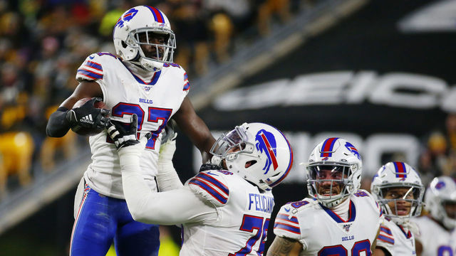 PITTSBURGH, PENNSYLVANIA - DECEMBER 15: Tre'Davious White #27 of the Buffalo Bills celebrates with teammates after intercepting a pass during the first quarter against the Pittsburgh Steelers in the game at Heinz Field on December 15, 2019 in Pittsburgh, Pennsylvania.
