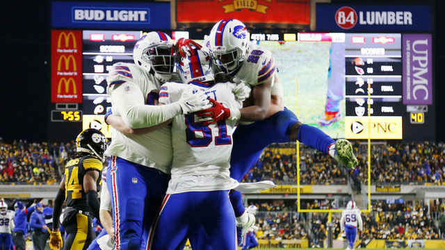 PITTSBURGH, PENNSYLVANIA - DECEMBER 15: Tyler Kroft #81 of the Buffalo Bills celebrates with teammates after scoring a touchdown during the fourth quarter against the Pittsburgh Steelers in the game at Heinz Field on December 15, 2019 in Pittsburgh, Pennsylvania.