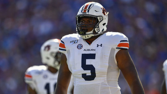 GAINESVILLE, FL - OCTOBER 05: Auburn defensive tackle Derrick Brown (5) during the first half of a college football game between the Florida Gators and the Auburn Tigers on October 05, 2019, at Ben Hill Griffin Stadium in Gainesville, FL.