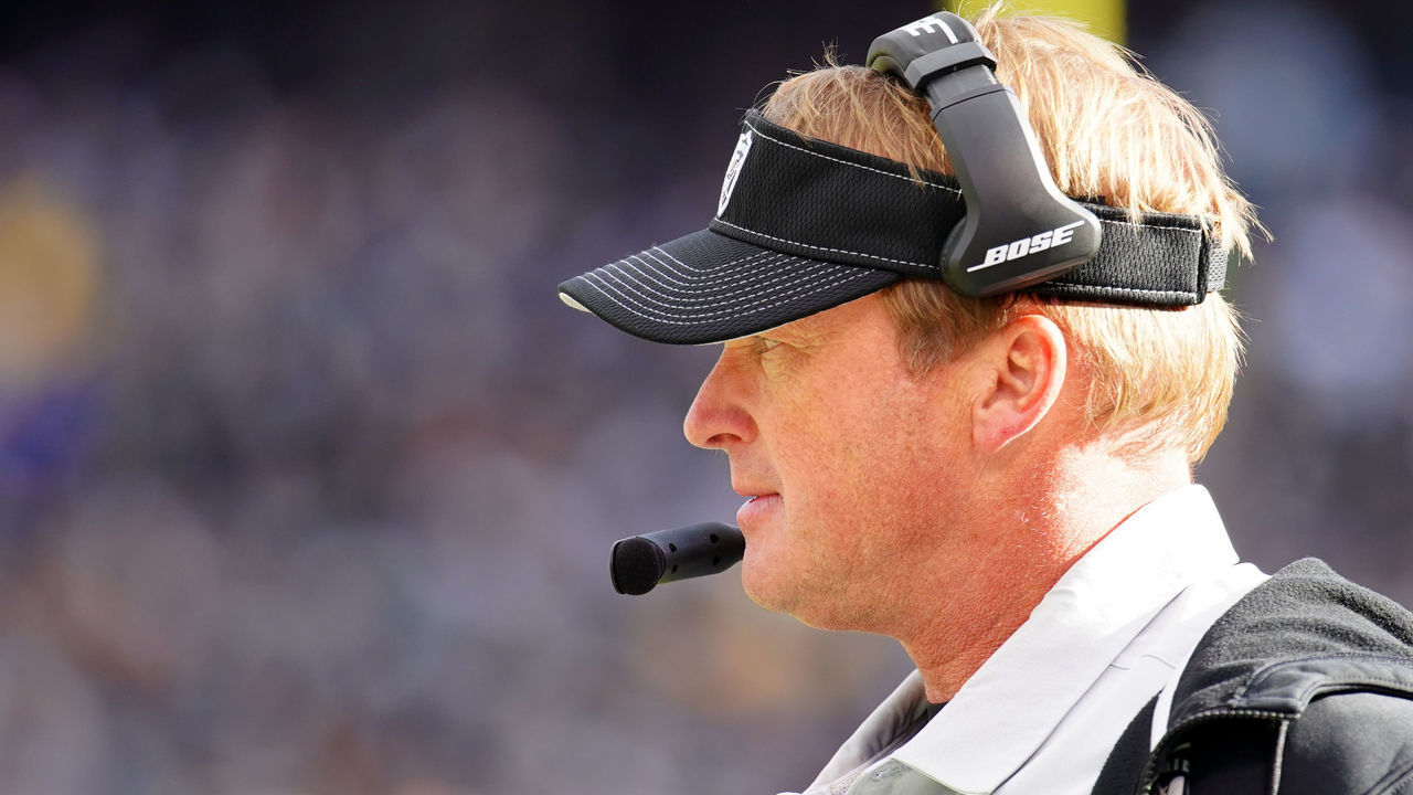 OAKLAND, CALIFORNIA - DECEMBER 15: Head coach Jon Gruden of the Oakland Raiders looks on from the side lines during the first half against the Jacksonville Jaguars at RingCentral Coliseum on December 15, 2019 in Oakland, California.