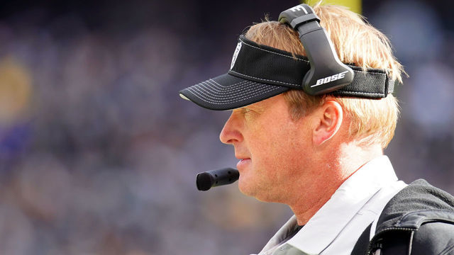 OAKLAND, CALIFORNIA - DECEMBER 15: Head coach Jon Gruden of the Oakland Raiders looks on from the side lines during the first half against the Jacksonville Jaguars at RingCentral Coliseum on December 15, 2019 in Oakland, California.