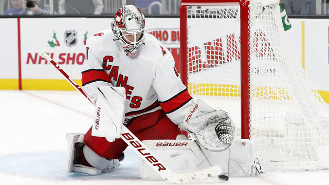 BOSTON, MA - DECEMBER 03: Carolina Hurricanes goalie James Reimer (47) makes a save during a game between the Boston Bruins and the Carolina Hurricanes on December 3, 2019, at TD garden in Boston, Massachusetts.