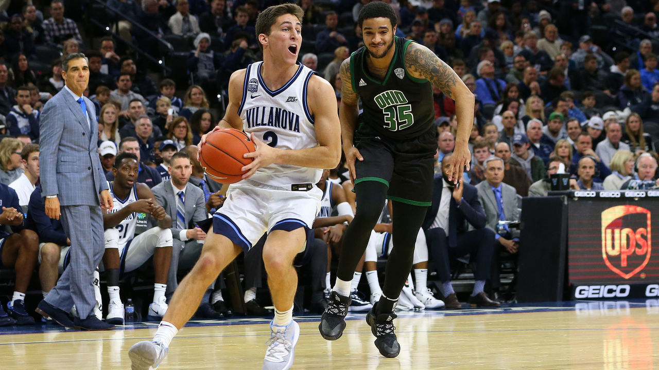PHILADELPHIA, PA - NOVEMBER 16: Collin Gillespie #2 of the Villanova Wildcats in action against Jordan Dartis #35 of the Ohio Bobcats during a college basketball game at Wells Fargo Center on November 16, 2019 in Philadelphia, Pennsylvania. Villanova defeated Ohio 78-54.