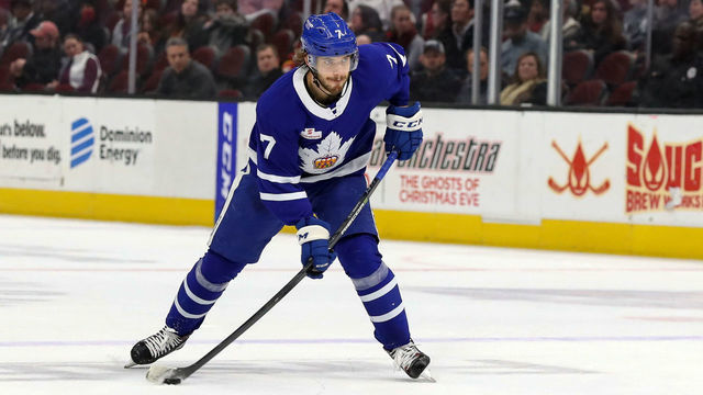 CLEVELAND, OH - NOVEMBER 28: Toronto Marlies defenceman Timothy Liljegren (7) shoots the puck during the third period of the American Hockey League game between the Toronto Marlies and Cleveland Monsters on November 28, 2018, at Quicken Loans Arena in Cleveland, OH.