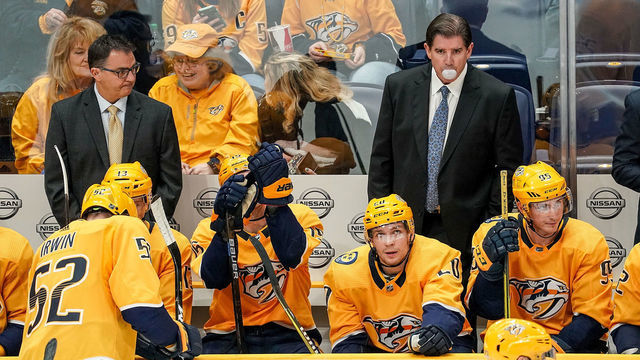NASHVILLE, TN - OCTOBER 29: Nashville Predators head coach Peter Laviolette watches the action against the Chicago Blackhawks at Bridgestone Arena on October 29, 2019 in Nashville, Tennessee.