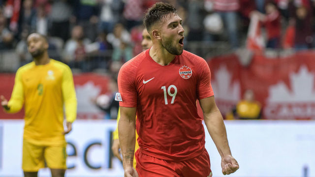 VANCOUVER, BC - MARCH 24: Lucas Cavallini (19) of Canada celebrates his second goal against French Guiana during the Concacaf Nations League qualifier between Canada and French Guiana at BC Place on March 24, 2019 in Vancouver, Canada.