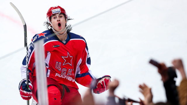 MOSCOW, RUSSIA - JANUARY 31, 2019: CSKA Moscow's Alexander Romanov celebrates after scoring in the 2018/19 KHL Regular Season ice hockey match between CSKA Moscow and Ak Bars Kazan at CSKA Arena. Sergei Savostyanov/TASS