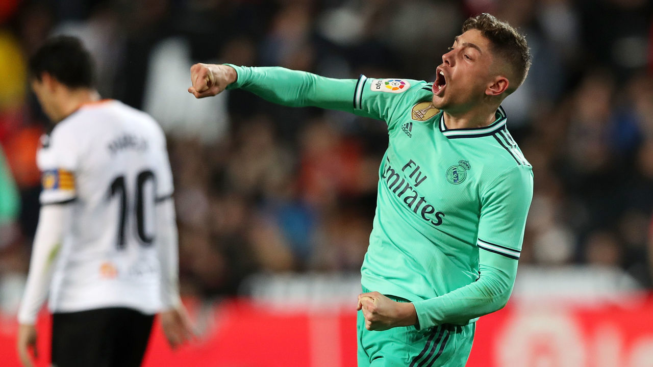 VALENCIA, SPAIN - DECEMBER 15: Fede Valverde of Real Madrid celebrates his team's equaliser goal scored by teammate Karim Benzema (not in frame) during the Liga match between Valencia CF and Real Madrid CF at Estadio Mestalla on December 15, 2019 in Valencia, Spain.