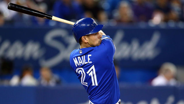 TORONTO, ON - SEPTEMBER 25: Luke Maile #21 of the Toronto Blue Jays strikes out swinging in the fourth inning during a MLB game against the Baltimore Orioles at Rogers Centre on September 25, 2019 in Toronto, Canada.