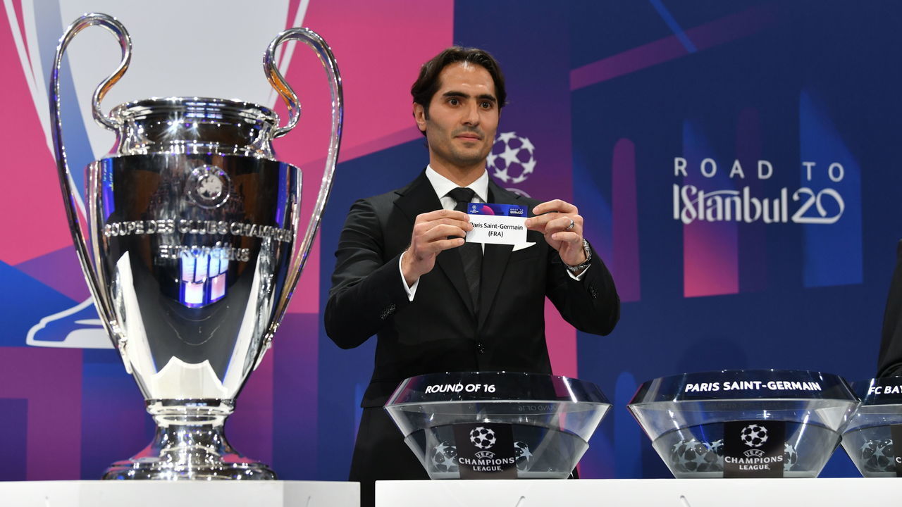 NYON, SWITZERLAND DECEMBER 16: Footballer Hamit Altintop draws Paris Saint-Germain F.C (PSG) during the Champions League 2019/20 Round of 16 Draw at the UEFA headquarters, The House of European Football on December 16, 2019 in Nyon, Switzerland.