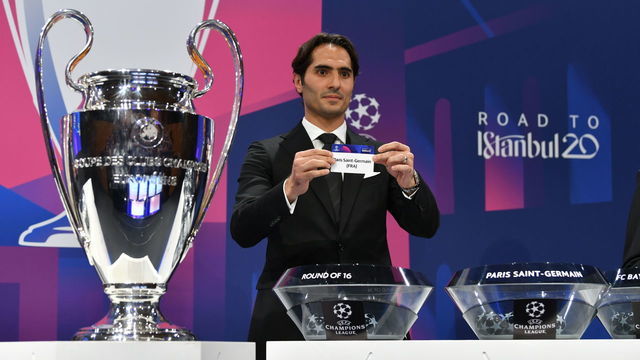 NYON, SWITZERLAND DECEMBER 16: Footballer Hamit Altintop draws Paris Saint-Germain F.C (PSG) during the Champions League 2019/20 Round of 16 Draw at the UEFA headquarters, The House of European Football on December 16, 2019 in Nyon, Switzerland.