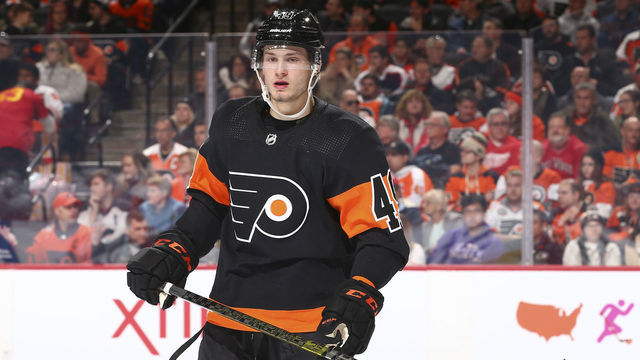 PHILADELPHIA, PA - NOVEMBER 29: Joel Farabee #49 of the Philadelphia Flyers looks on against the Detroit Red Wings at the Wells Fargo Center on November 29, 2019 in Philadelphia, Pennsylvania.