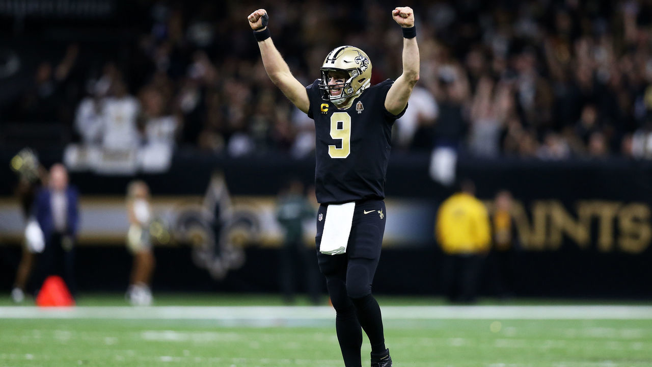 NEW ORLEANS, LOUISIANA - DECEMBER 16: Quarterback Drew Brees #9 of the New Orleans Saint celebrates his second touchdown in the third quarter of the game against the Indianapolis Colts at Mercedes Benz Superdome on December 16, 2019 in New Orleans, Louisiana.