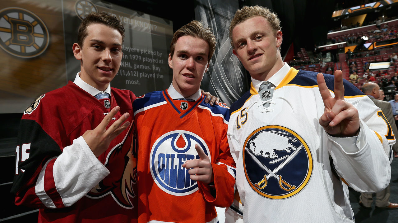 SUNRISE, FL - JUNE 26: (L-R) Third overall pick Dylan Strome of the the Arizona Coyotes, first overall pick Connor McDavid of the Edmonton Oilers and second overall pick Jacck Eichel of the Buffalo Sabres pose together during Round One of the 2015 NHL Draft at BB&T Center on June 26, 2015 in Sunrise, Florida.