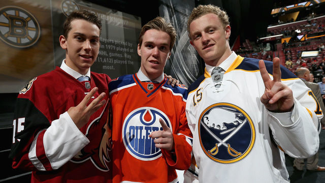 SUNRISE, FL - JUNE 26: (L-R) Third overall pick Dylan Strome of the the Arizona Coyotes, first overall pick Connor McDavid of the Edmonton Oilers and second overall pick Jacck Eichel of the Buffalo Sabres pose together during Round One of the 2015 NHL Draft at BB&T Center on June 26, 2015 in Sunrise, Florida.