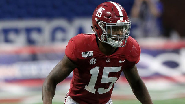 ATLANTA, GA - AUGUST 31: Alabama Crimson Tide defensive back Xavier McKinney (15) during the Chick-fil-A Kickoff Game between the Alabama Crimson Tide and the Duke Blue Devils on August 31, 2019 at Mercedes-Benz Stadium in Atlanta, Georgia.