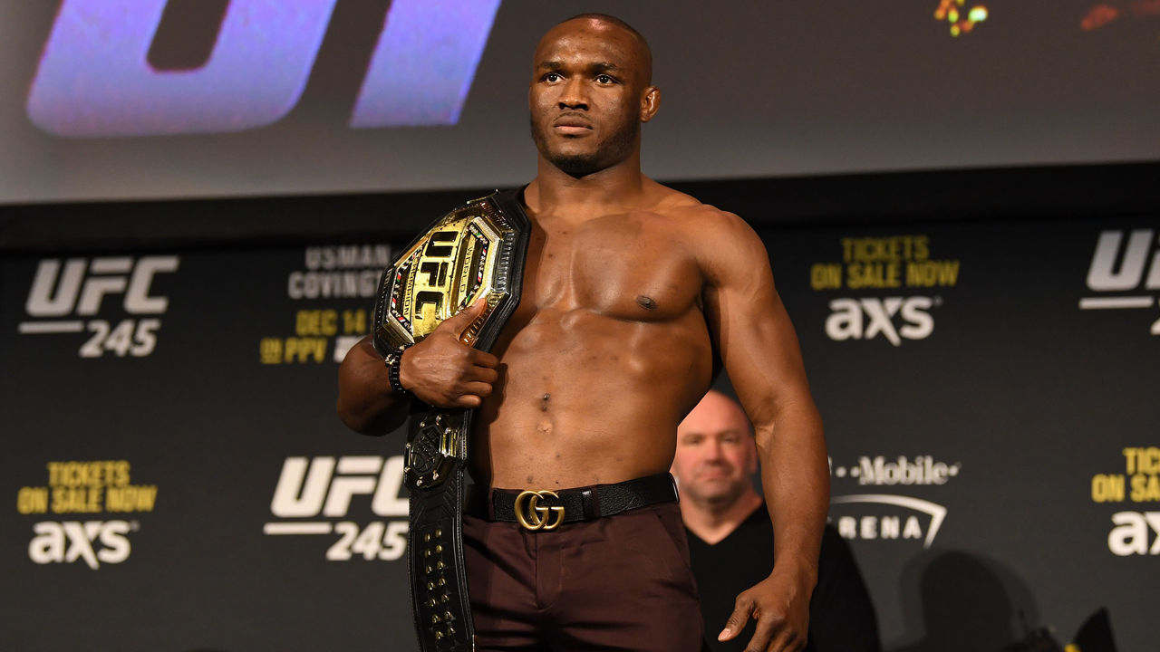 NEW YORK, NY - NOVEMBER 01: UFC welterweight champion Kamaru Usman poses on stage during the UFC 245 press conference at the Hulu Theatre at Madison Square Garden on November 1, 2019 in New York, New York.