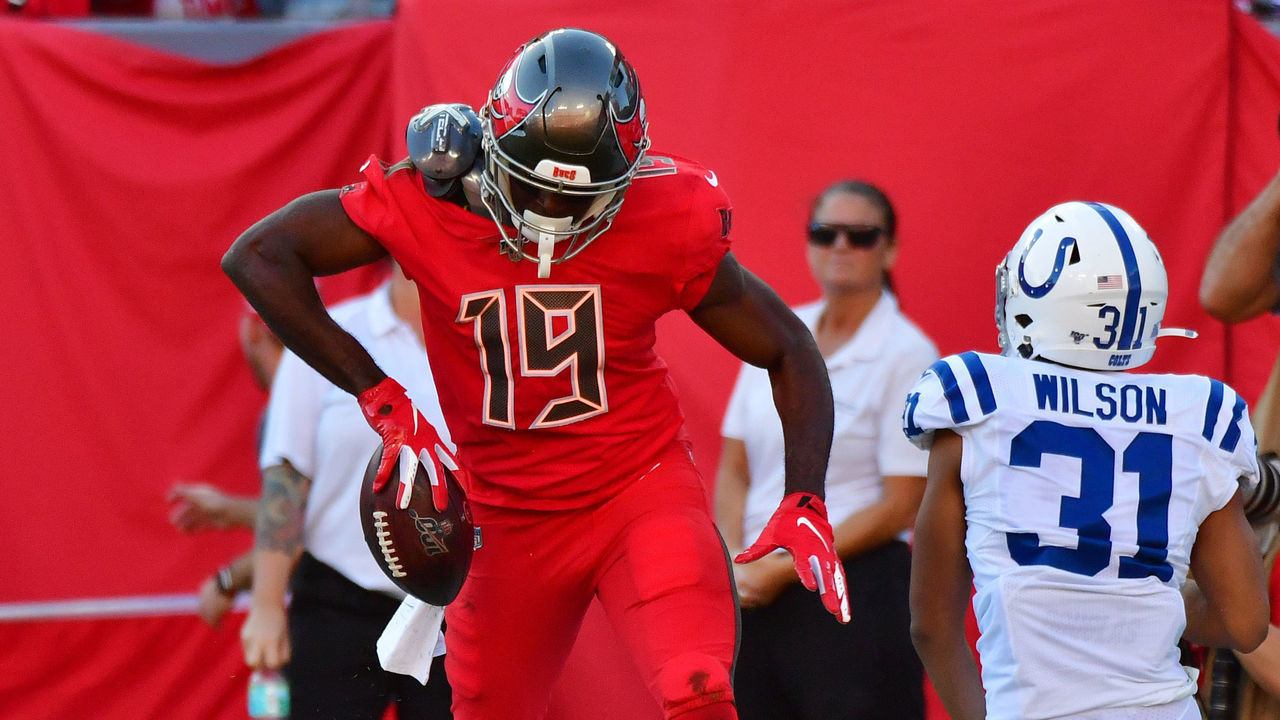 TAMPA, FLORIDA - DECEMBER 08: Breshad Perriman #19 of the Tampa Bay Buccaneers celebrates after catching a 12-yard touchdown pass in the fourth quarter of a football game against the Indianapolis Colts at Raymond James Stadium on December 08, 2019 in Tampa, Florida.