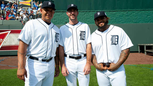 KANSAS CITY, MO - JULY 10: American League All-Stars Miguel Cabrera #24, Justin Verlander #35 and Prince Fielder #28 of the Detroit Tigers pose for a group photo before the 83rd MLB All-Star Game at Kauffman Stadium on July 10, 2012 in Kansas City, Missouri.