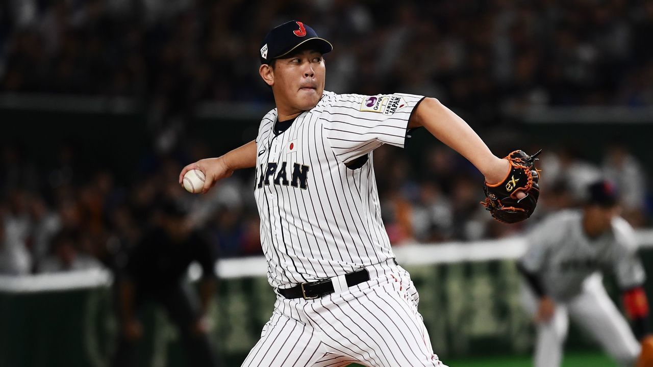 Shun Yamaguchi of Japan pitches during the WBSC Premier 12 Super Round Final baseball game between South Korea and Japan, at the Tokyo Dome in Tokyo on November 17, 2019.